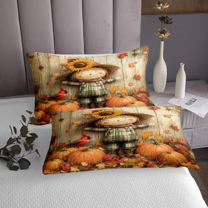 Manfei Fall Kids Bedspread Set Queen Size Pumpkin Maple Leaf Coverlet with Pillowcases - Orange Brown