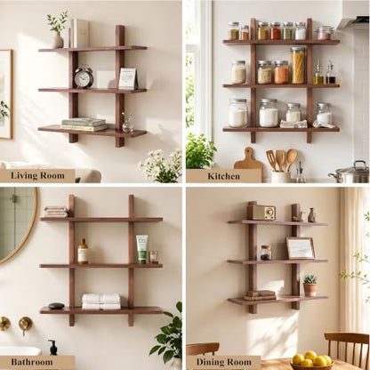Brown 28 Inch x 31.5 Inch 3-Tier Floating Wall Shelf - Heavy Duty Pine Wood