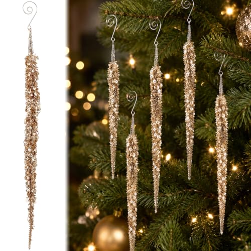Gold Glass Glitter Icicle Ornaments Set of 6 - Christmas Tree Decor