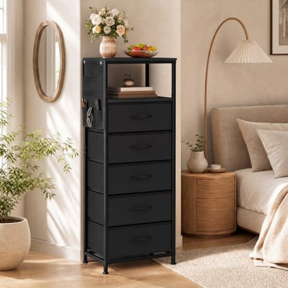 GIANTEX 39" Bedside Table with Integrated Charging Station - Black, 5-Drawer