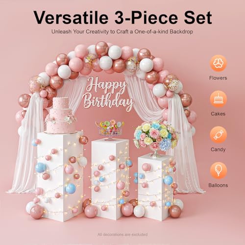 3-Piece Metal Square Display Pedestal Set for Cakes Flowers and Events, White Heavy Duty Stands