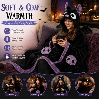 Bat Hoodie Blanket - Cozy Halloween Wearable Blanket for Adults & Teens