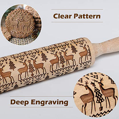 Embossed Rolling Pin for Baking Cookies Embossing Rolling Pins with Design Wooden Engraved Springerle Roller Pin Dough Animal Patterned Clay Pottery Ceramic Stamp Gifts Bakers Women Kids (Cat & Heart)