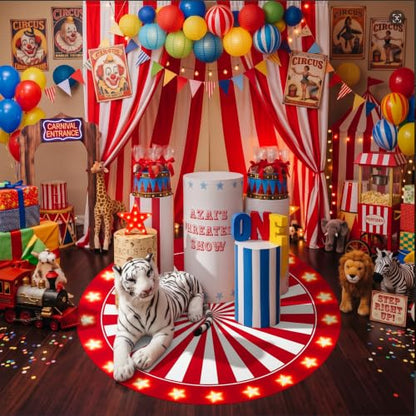 Carnival Circus Theme Party Large Round Rug Decor - 59in - Red White Stripes - Carnival Variation