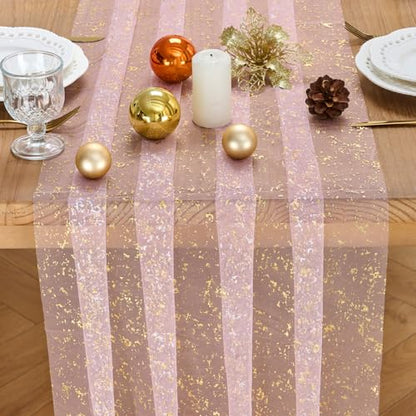 3 Pcs Pink Gold Glitter Tulle Table Runner 10ft for Wedding Party Decor