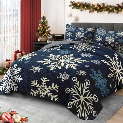 Queen Snowflake Quilt Set - Winter Christmas Bedding 3 Pieces