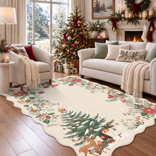 Christmas Beige Washable Scalloped Area Rug 4x6 for Living Room - Holiday Decor