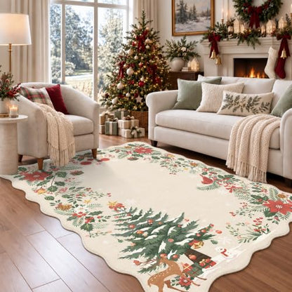 Christmas Beige Washable Scalloped Area Rug 4x6 for Living Room - Holiday Decor