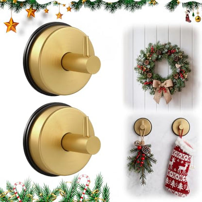 2 Pack Gold Suction Cup Wreath Hooks for Glass Doors - Heavy Duty Support