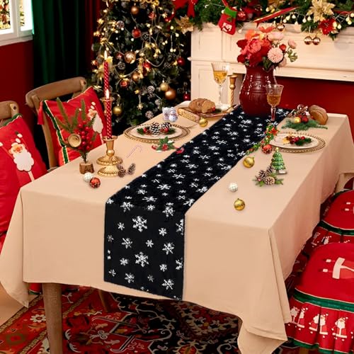 Fur Christmas Table Runner with Silver Sequin Snowflakes - Black, 13 x 108 Inches - Holiday Home Decor