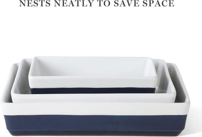Martha Stewart 3-Piece Stoneware Bakeware Set - Durable Cobalt Blue Baking Dish & Casserole Set