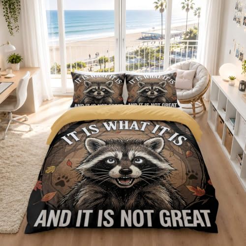 King Raccoon Cartoon Duvet Cover Set with Pillowcases - Soft Microfiber Bedding for Kids Teens Bedroom Decor (104x90in + 20x30in)