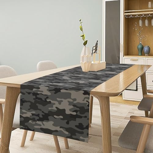 Grey Black Camouflage Table Runner 13x72in Linen Decor for Indoor Outdoor Dining