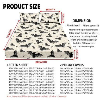 Halloween Bat Bed Sheets Set Queen Size - Bat Fitted Sheet & Pillowcases - Beige