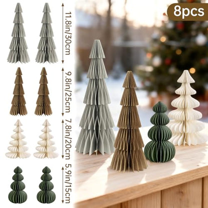 Christmas Honeycomb Tree Decorations Brown Green - 8 Pcs Magnetic Paper Centerpieces
