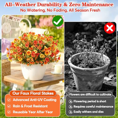 Artificial Fall Flower Topiary Set with Stakes - 27.5 Inch, Orange, Yellow, Red
