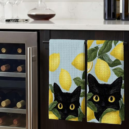 Black Cat Kitchen Towel Set - Decorative Lemon Pattern, 16x24 Inches