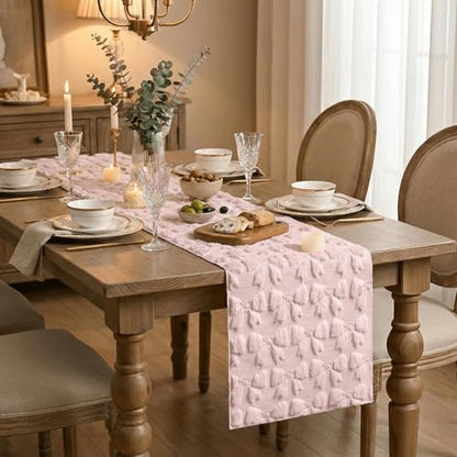 Pink Faux Fur Jacquard Bows Table Runner 13x72 Inch Valentine Home Decor