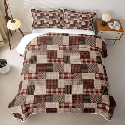 Burgundy Brown Patchwork Quilted Bedspread Set - Full Size