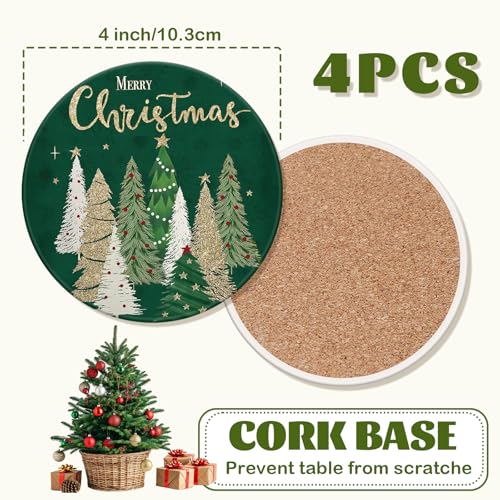 Christmas Ceramic Coasters Green Gold Xmas Tree Drink Coasters Set - Holiday Home Decor