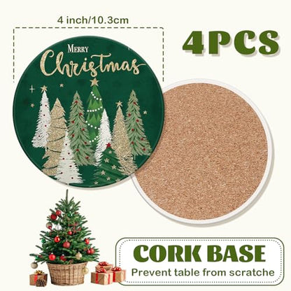 Christmas Ceramic Coasters Green Gold Xmas Tree Drink Coasters Set - Holiday Home Decor