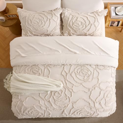 Khaki Tufted Rose Comforter Set Queen - Boho Rustic All-Season Bedding