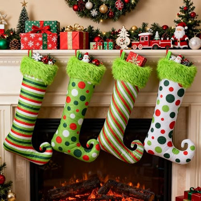Skicuff 4-Pack 19-Inch Green Christmas Elf Stockings with Faux Fur Hanging Decor