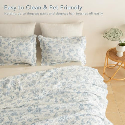 Lady Ann Oversized Floral King Bedspread Set - Light Blue 120x120 Inches, 3 Piece Cotton Quilt with Scalloped Edges, California King Variation