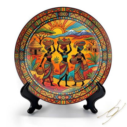 10-Inch Ceramic Decorative Plate with Stand & Wall Hook - African Style, Color7