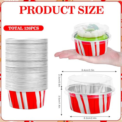 120Pcs Christmas Aluminum Foil Cupcake Liners with Lids - Red & White Holiday Party Bakeware