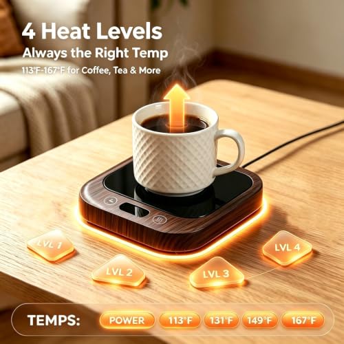 Brown Coffee Mug Warmer with Timer - Electric Desk Cup Heater, 4-Temperature Control