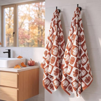 Fall Bath Towels Set of 2 - Checkered & Pumpkin Cotton 27.5 x 55 Inches - Pumpkin Variation