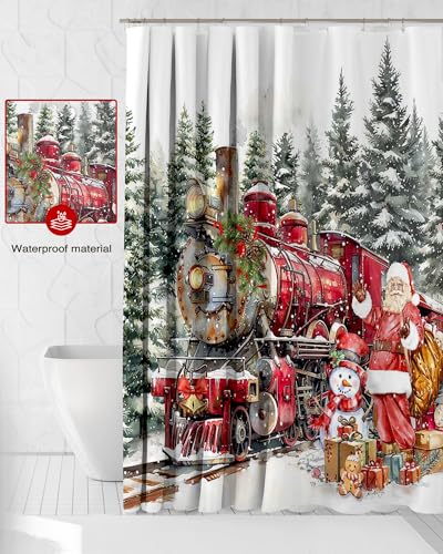 Christmas Shower Curtain Santa Train Snowman Winter Bath Decor 72x72 Inch - White Variation