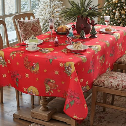 Honellaty Christmas Sled Rectangular Tablecloth 60x120 Inch Red with Poinsettia & Bells