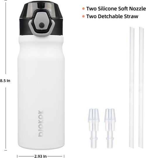 BJPKPK Insulated Water Bottle - 18oz Stainless Steel Flask with Straw & Leak-Proof Lid | White