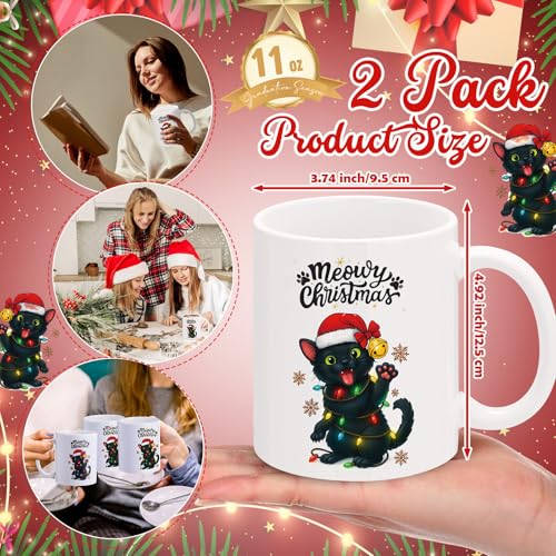Christmas Black Cat Coffee Mug Set - 11oz Ceramic Cups for Holiday Gift