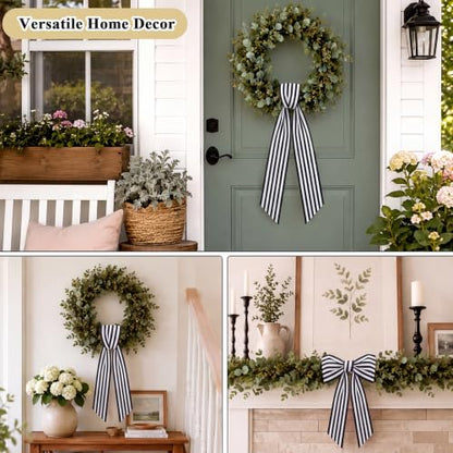 2 Pack Black & White Stripe Wreath Sashes for Front Door - Elegant Decor