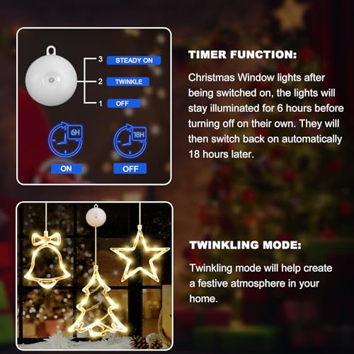 Warm White Christmas Window Lights Decorations Bell Tree Star Set - 3 Pack