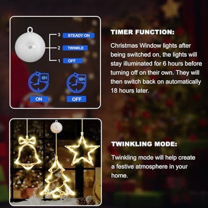 Warm White Christmas Window Lights Decorations Bell Tree Star Set - 3 Pack