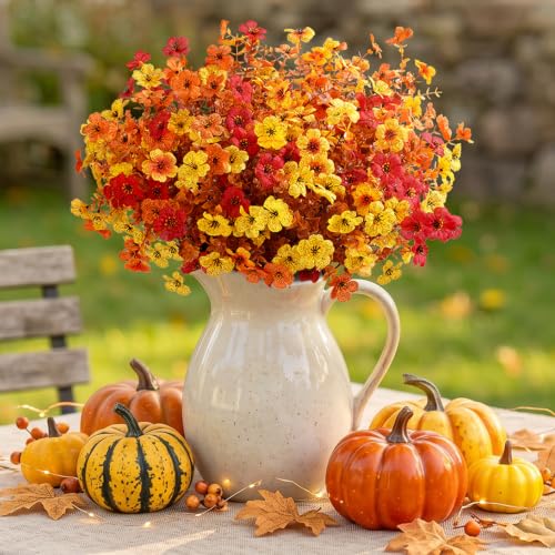 Artificial Fall Flowers Set Sunset Orange - 24 Bundles for Outdoor & Garden Decor