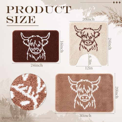 Highland Cow Bathroom Rugs Set - 3 Piece Non Slip Bath Mat Collection