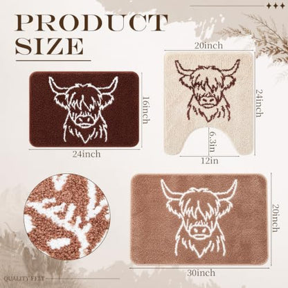Highland Cow Bathroom Rugs Set - 3 Piece Non Slip Bath Mat Collection