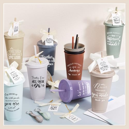 Classic 30-Piece Employee Appreciation Gift Set with Reusable 24 oz Tumblers, Straws, Keychains & Cards