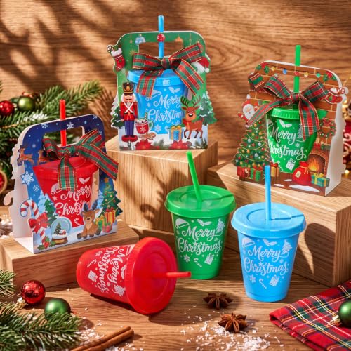 Christmas Plastic Tumblers 16oz Bulk Set with Gift Boxes & Ribbons - 24 Pack