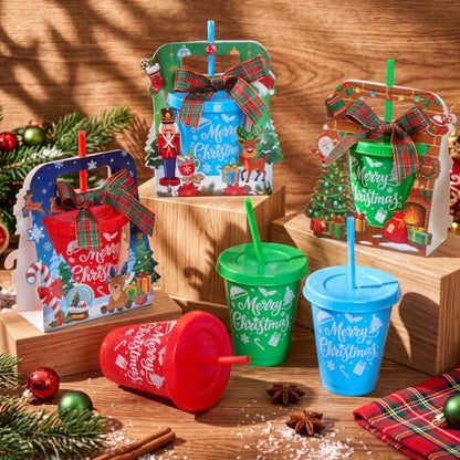 Christmas Plastic Tumblers 16oz Bulk Set with Gift Boxes & Ribbons - 24 Pack