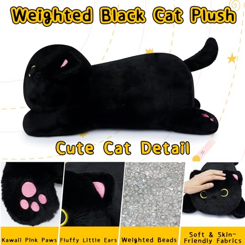 Leokawin 18in Weighted Stuffed Animals, Cute Weighted Black Cat Plush, Kawaii Cat Plush Toy, Soft Black Cat Weighted Plush Throw Pillow Gift for Kids Christmas