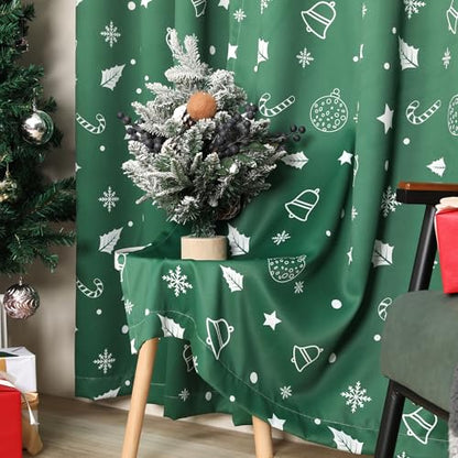 Green Xmas Curtains 52x84 Inches Pack of 2 Snowflakes & Stars Printed Blackout Window Drapes