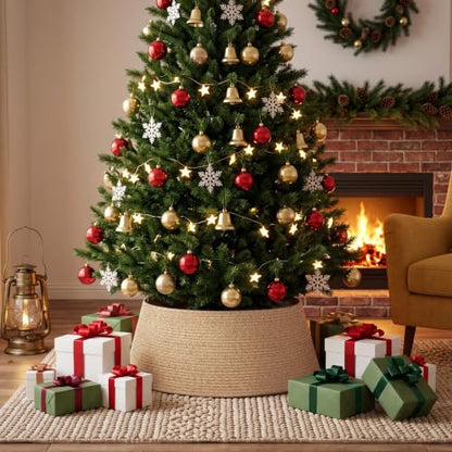 Brown Adjustable Woven Cotton Rope Christmas Tree Collar - Rustic Wicker Skirt for Artificial Trees