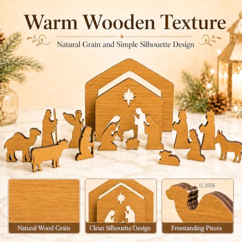Hawkrown Nativity Set 16-Piece Indoor Wooden Manger Scene - Bronze Variation