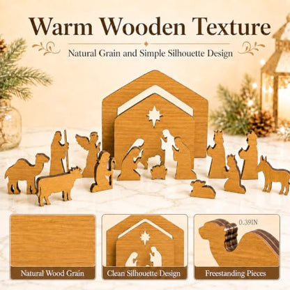 Hawkrown Nativity Set 16-Piece Indoor Wooden Manger Scene - Bronze Variation